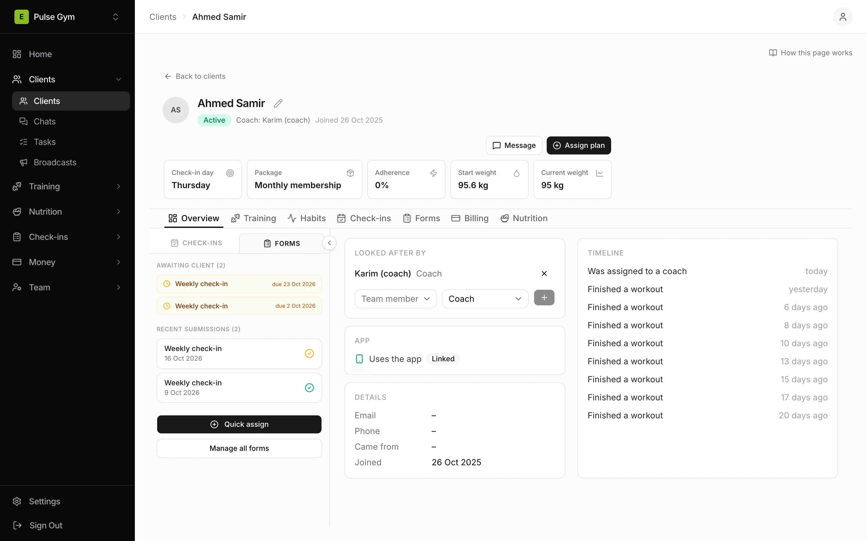 The ELSE dashboard: a client’s page with their programme, check-ins and notes